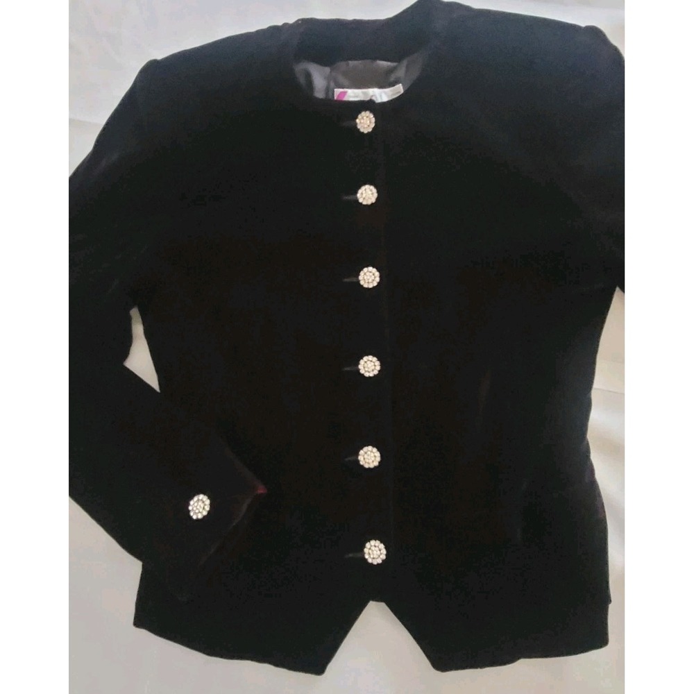 Vintage 80s 90s Chaus Black Velvet Blazer Women Size 6 Rhinestone Buttons Lined - Picture 5 of 10
